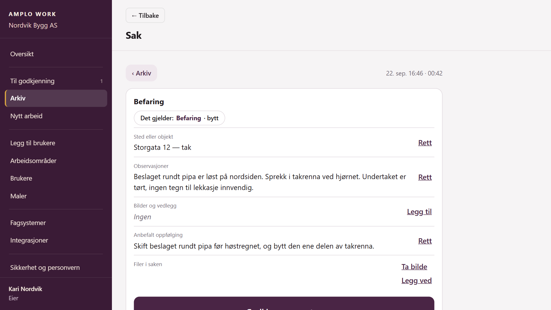Åpen sak i Amplo Work med felt hentet fra talen: sted, observasjoner og anbefalt oppfølging