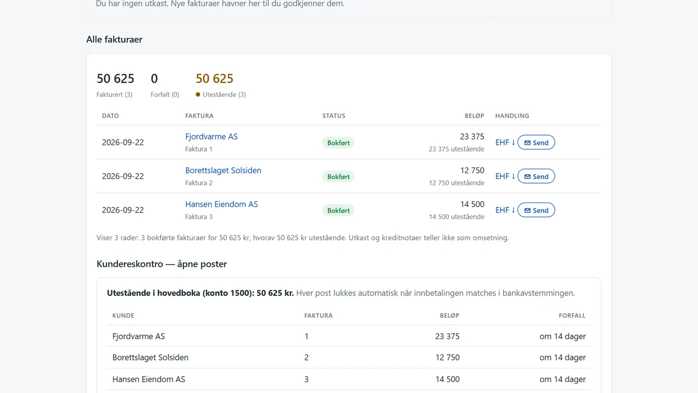 Fakturaliste i Amplo Regnskap med fakturautkast klart