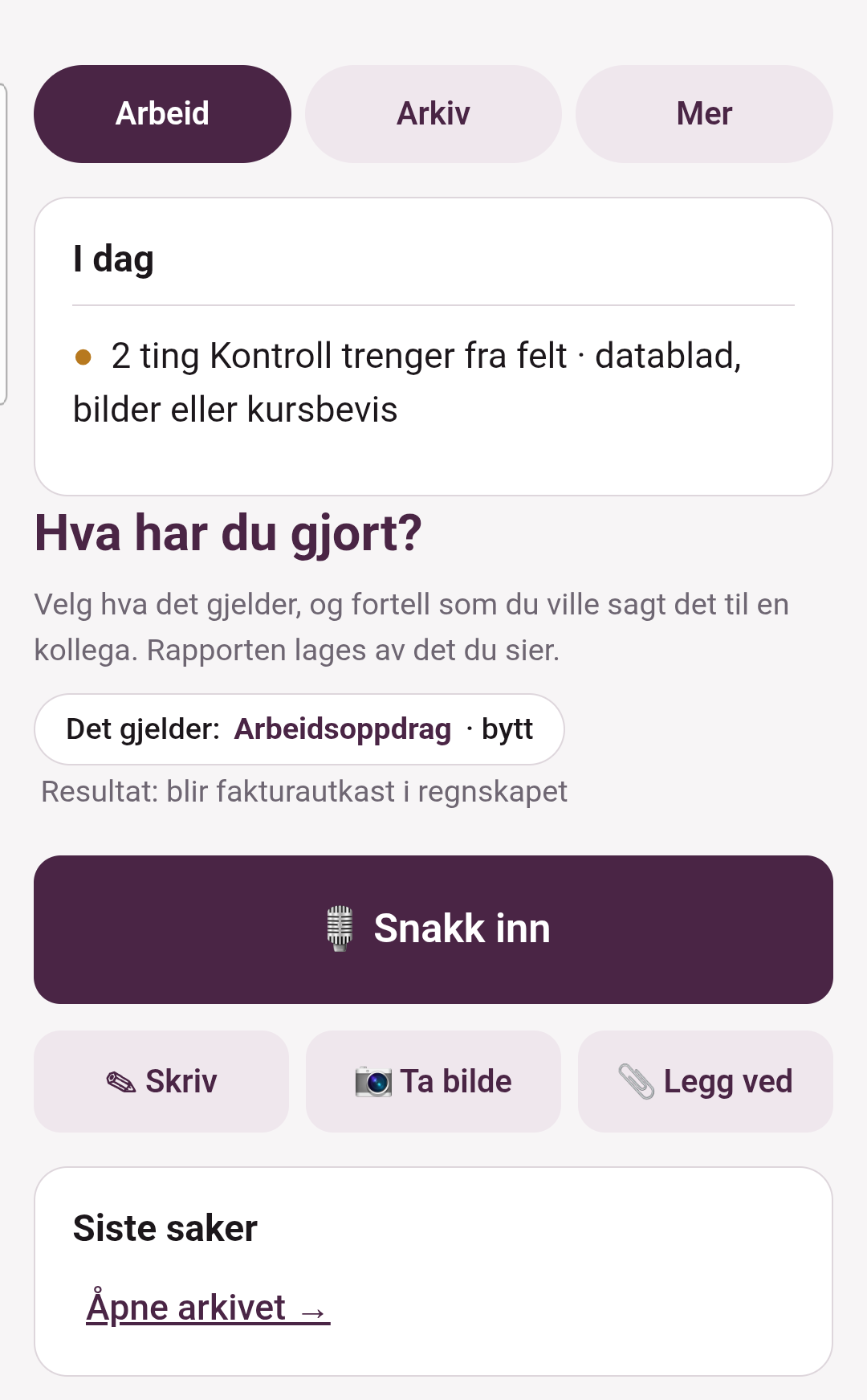 Telefonens startskjerm for opptak i Amplo Work